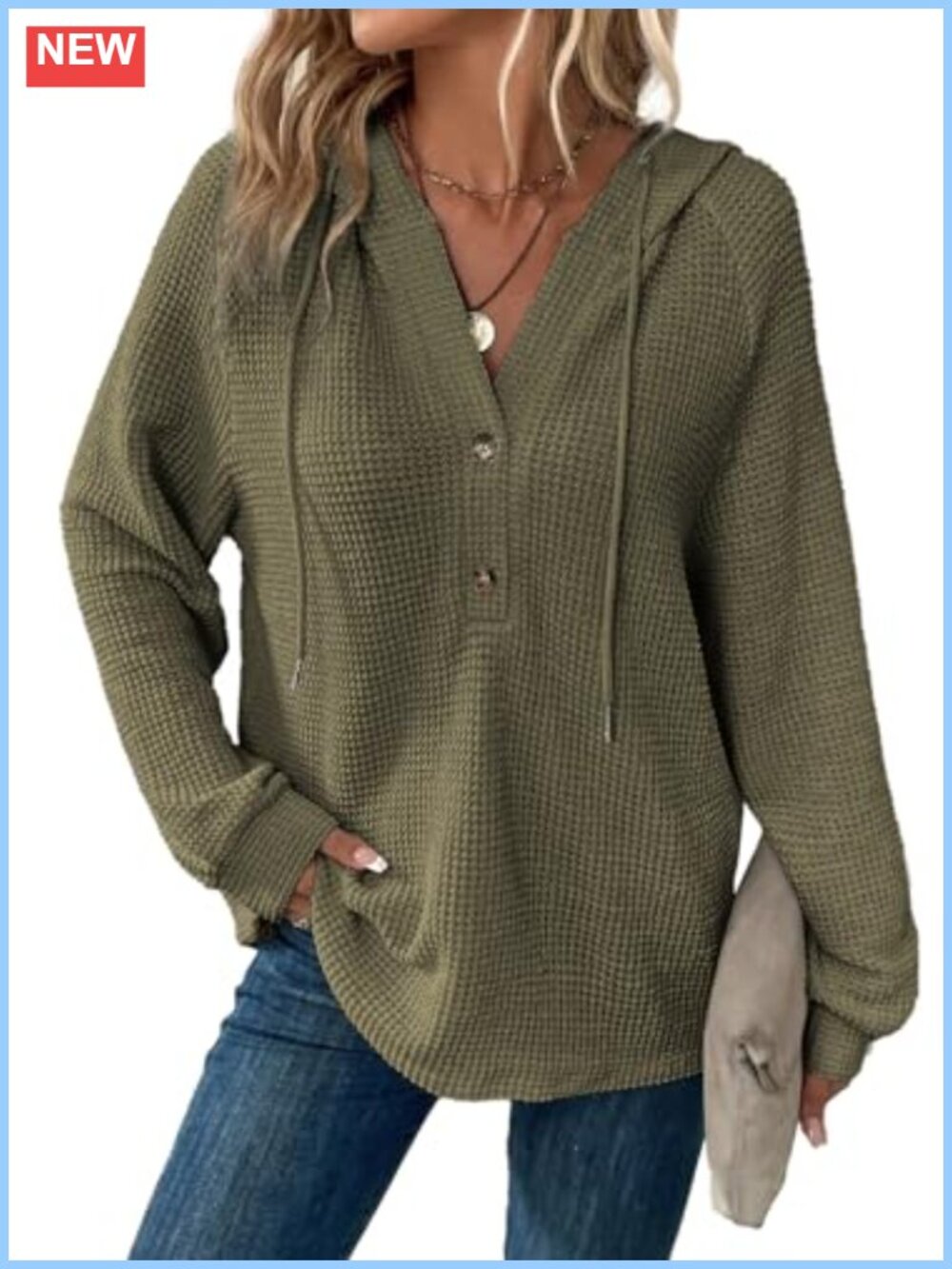 Oversized Waffle Knit Button Front Hoodie Sweatshirt with V Neck Drawstring